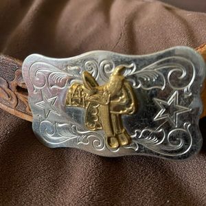 Chambers nickel metal belt buckle and leather belt size 26 inches used